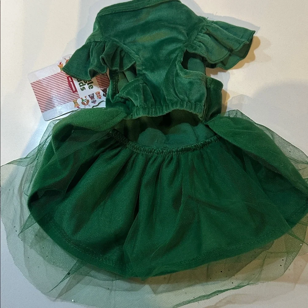 Green Velvet Sparkly Tulle Bow Winter Christmas Holiday Dog Dress